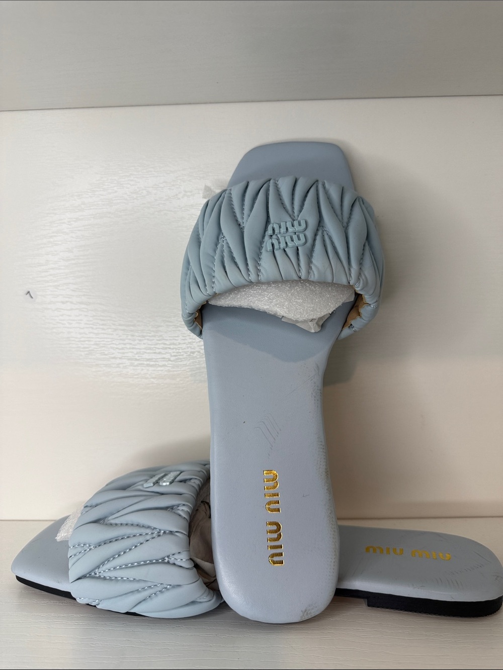 Miu Miu Kids Quilted Powder Blue Slide Sandals with Gold Logo